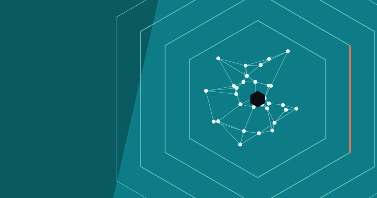 Abstract network of light nodes held inside nested teal hexagonal frames, with one coral edge on the inner frame.