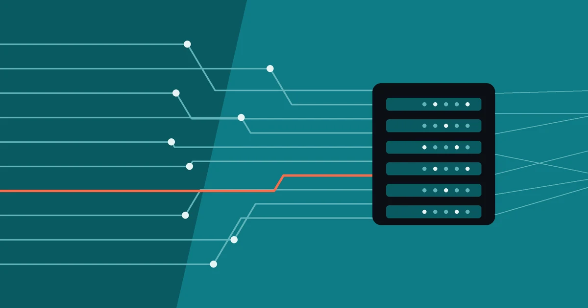 Abstract teal lines converging into a dark server-like block, with one coral line among them.