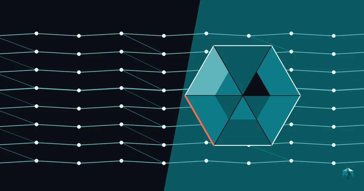 Abstract rows of light data nodes flowing across a dark and teal background, with a faceted teal hexagonal shield closing over one flow and a single coral edge on the shield.