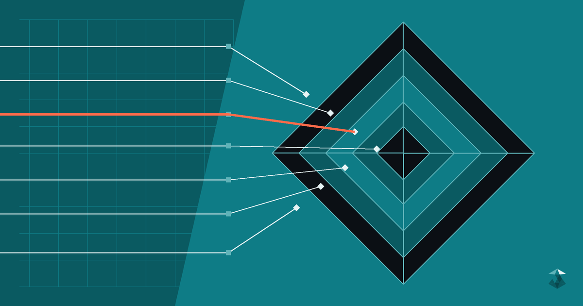 Abstract nested teal and dark diamond layers forming a structured framework, probed by straight light lines from a faint grid, one of which is coral.